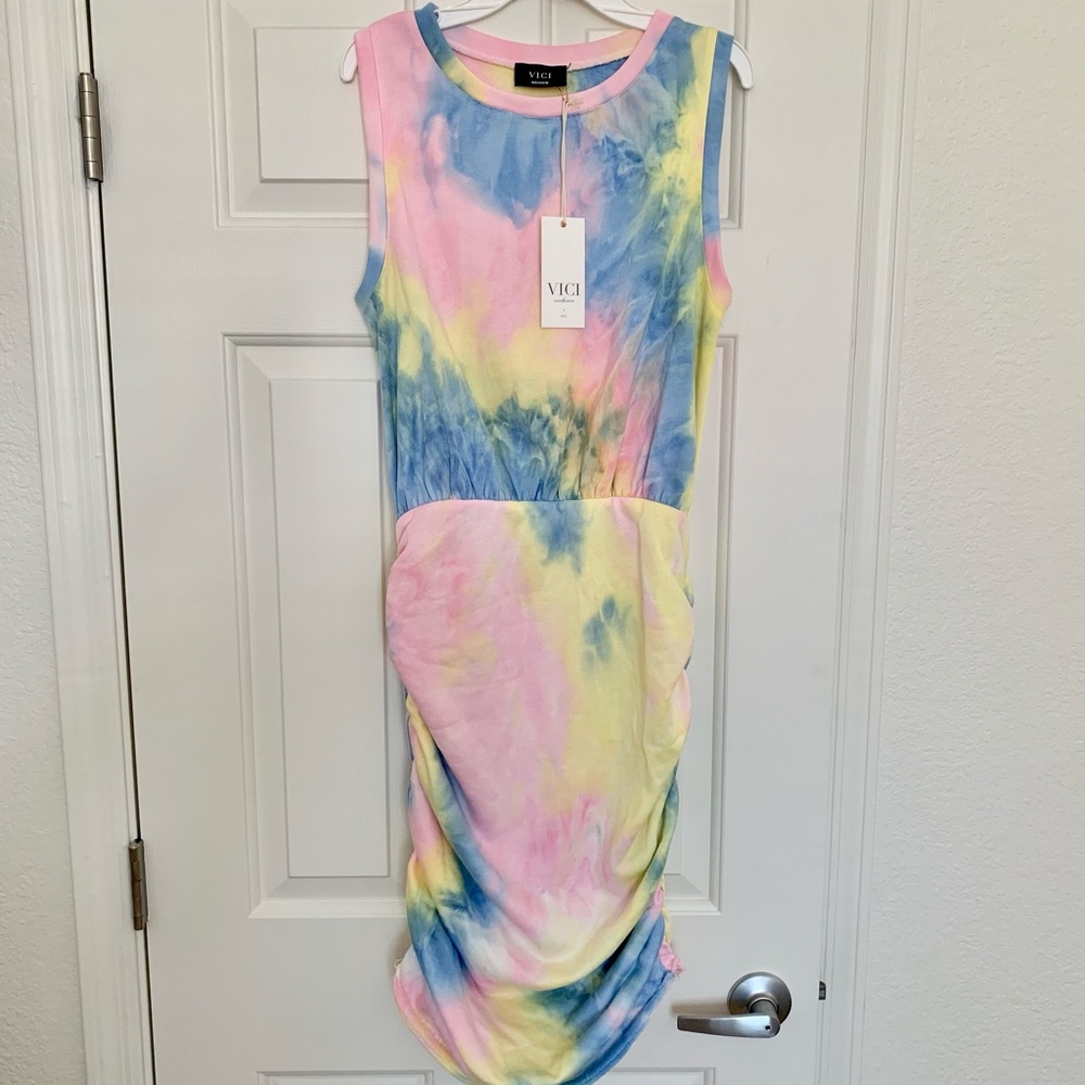 Vici Ruched Tie Dye Dress - New with Tags